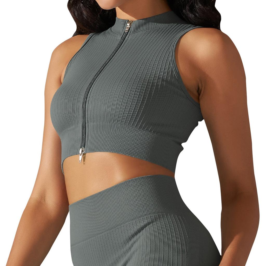 Women's Fashion Seamless Knit Tight Breathable Yoga Sexy Comfortable Casual Sports Running Fitness Top With Zipper