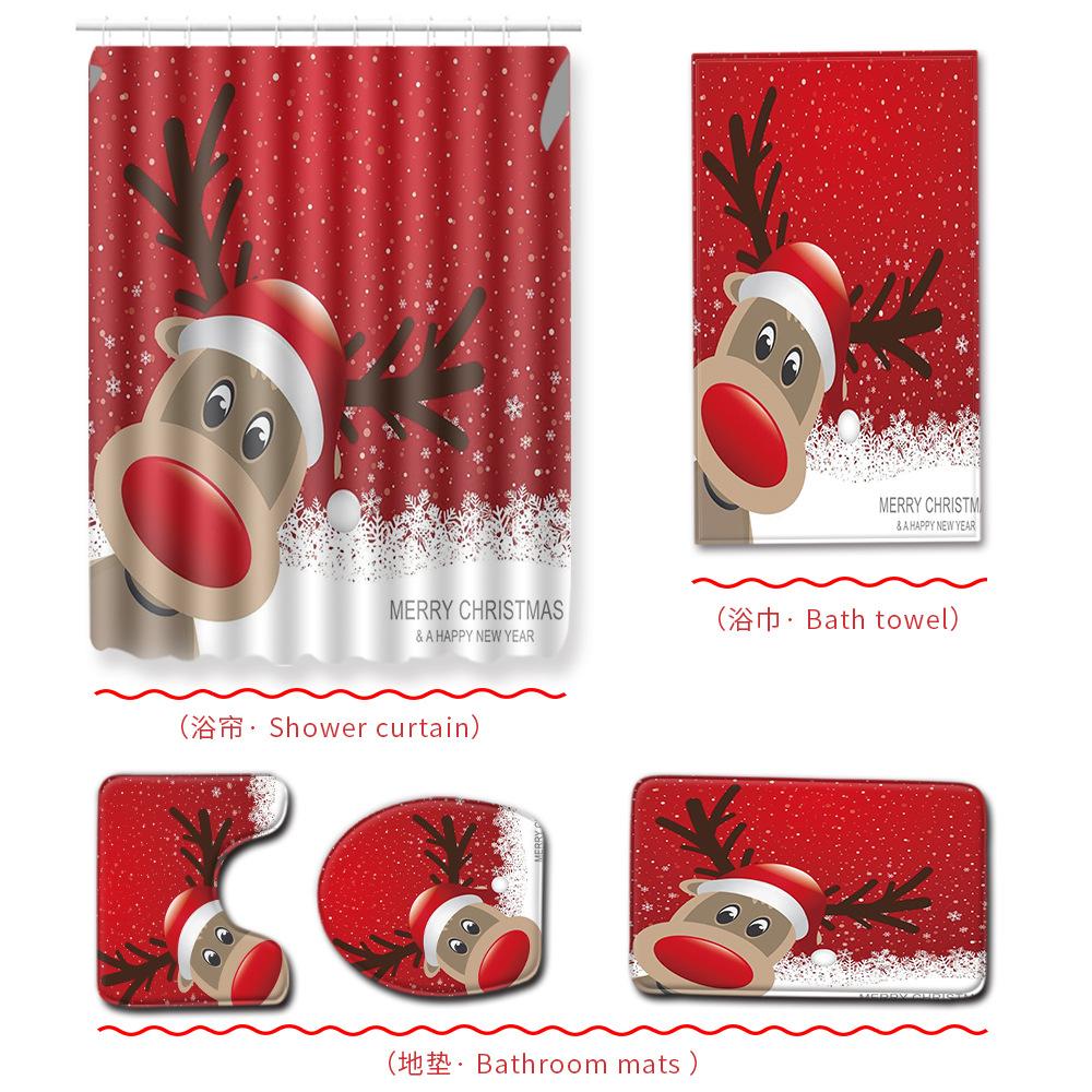 Christmas Bathroom Shower Curtain Bath Towel Floor Mat Five-Piece Set Bathroom Toilet Carpet Shower Foot Mat