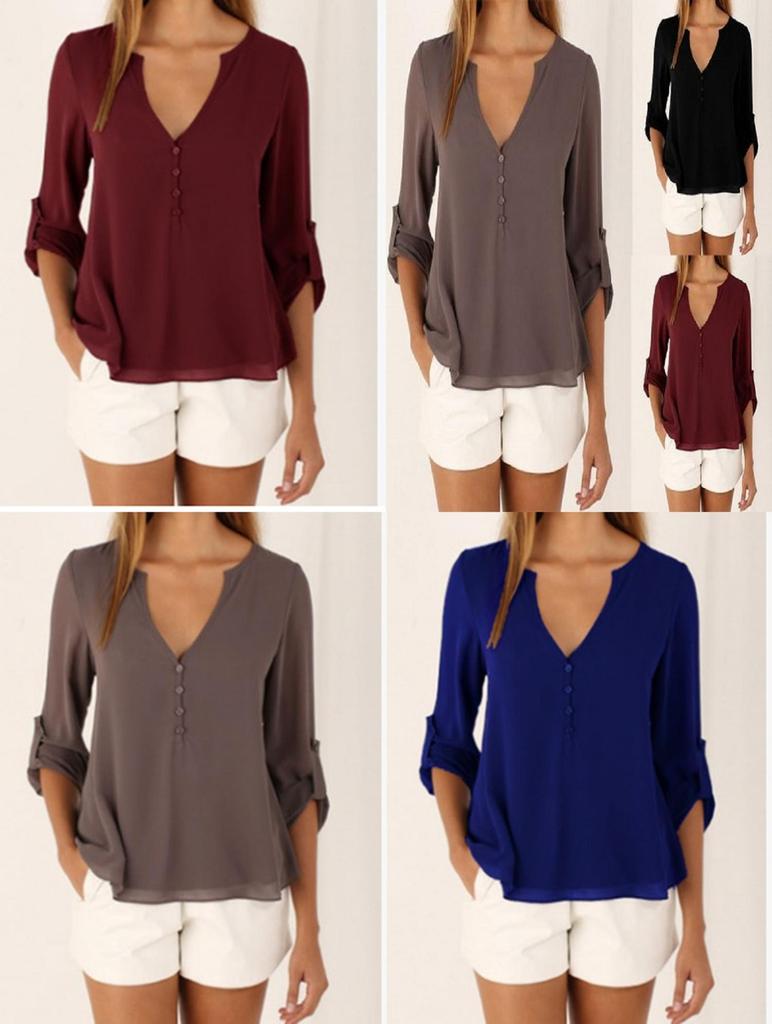 Women Casual Sexy Deep V Neck Chiffon Blouse Shirt With Slim Waist And Long Sleeves