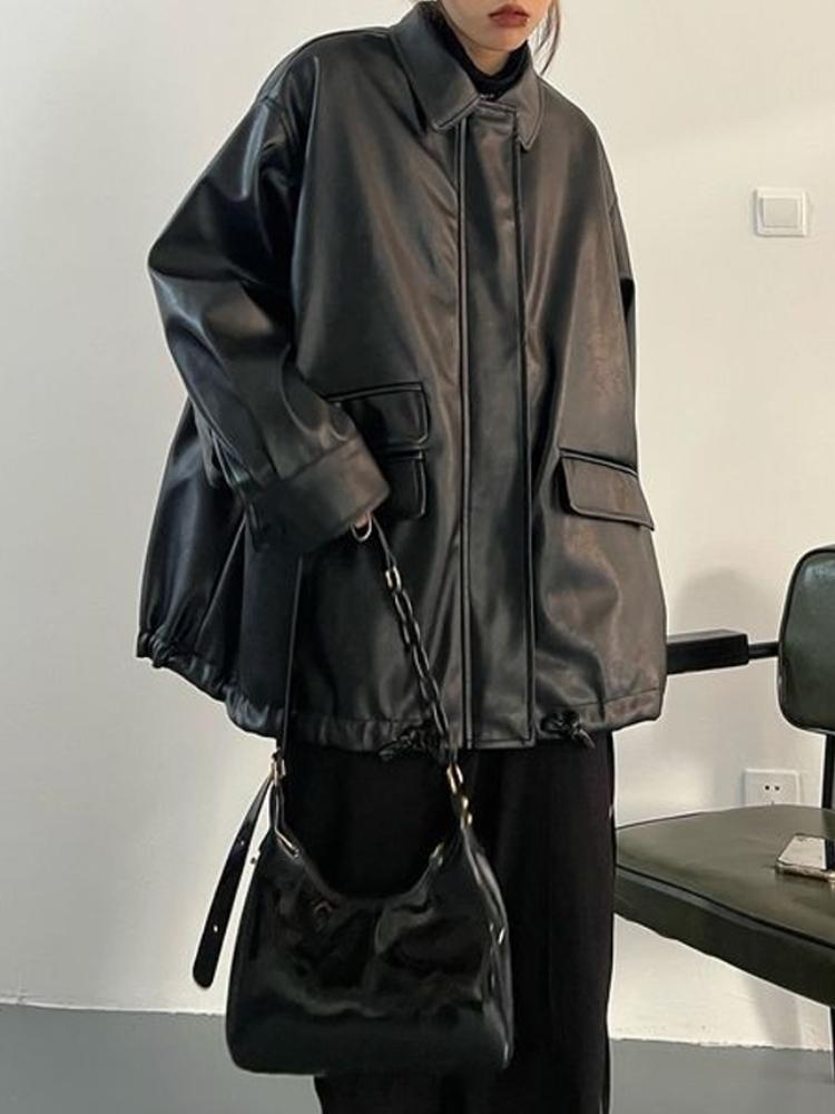 Winter Vintage Schwarz Punk Leder Jacke Frauen Streetwear Moto Biker Zipper Retro Mantel Neue Ästhetischen High Street Casual Oberbekleidung