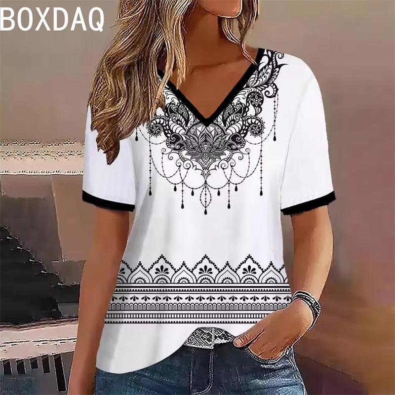 Summer short sleeved V-neck casual loose top elegant T-shirt XS