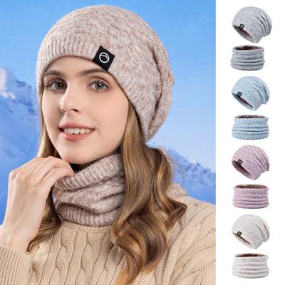 2 Pcs/Set Women Winter Scarf Hat Set Thick Knitted Warm Anti-slip Elastic Ear Protecting Windproof Cap Winter Outdoor Neck Warmer Baggy Cap Set