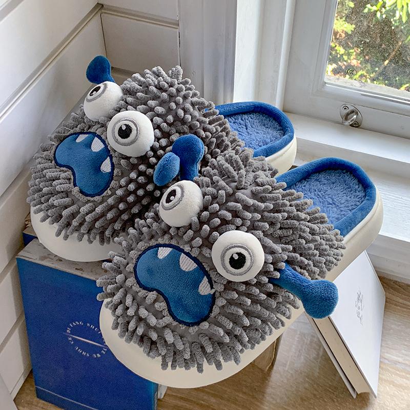 Fashion Cartoon Monster Fluffy Slippers for Women Winter Thick Sole Warm Cotton Slippers Woman Funny Indoor Anti-Slip Home Slides Shoes