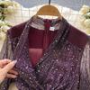 Chic French Style Evening Party Dress for Ladies V Neck Long Sleeves 3D Floral Mesh Sequins Satin Splice Senior Dresses