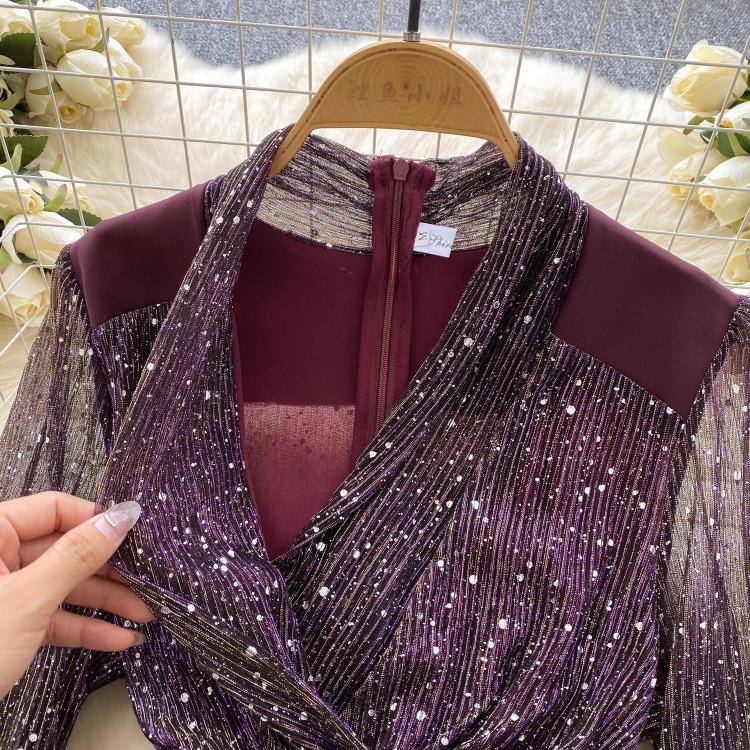 Chic French Style Evening Party Dress for Ladies V Neck Long Sleeves 3D Floral Mesh Sequins Satin Splice Senior Dresses