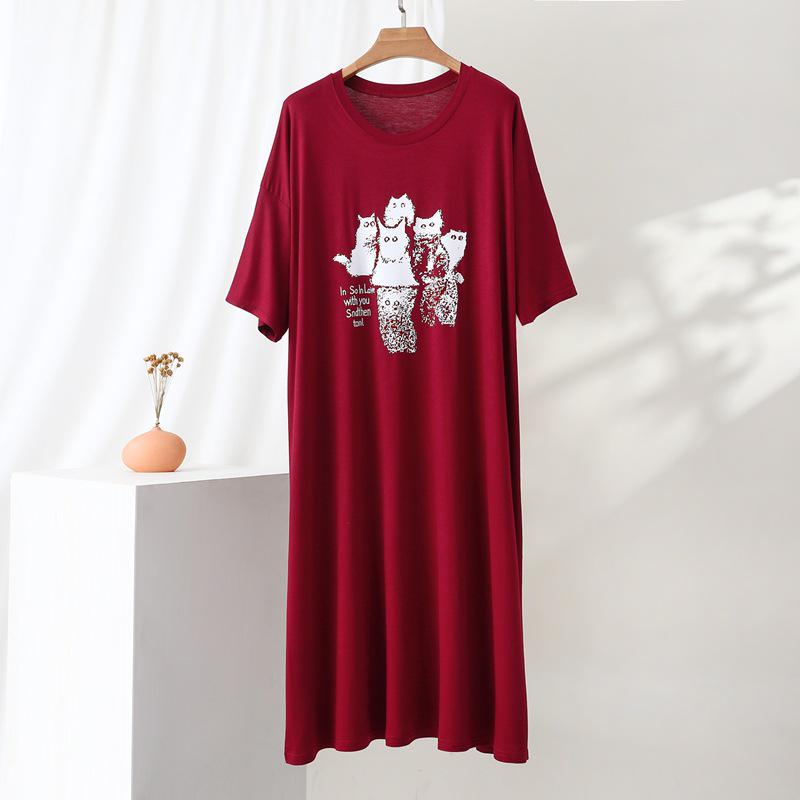 Korean Style Cat Print Slimming Plus Size Casual Home Dress for Women