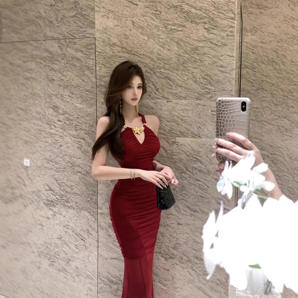 Banquet French neck dress women's summer new slim temperament mesh stitching red fishtail dress dress women
