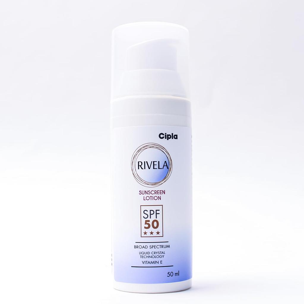 Cipla Rivela Sunscreen SPF 50 Lotion 50 Ml Broad-Spectrum UVA UVB Sun Protection Hydrating
