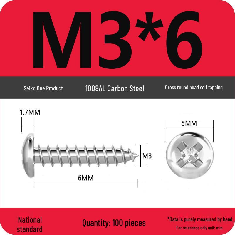 Galvanized Self-Tapping Screws, Round Head, White Zinc, PA Cross Pan, Pointed Tail M1.2-M4