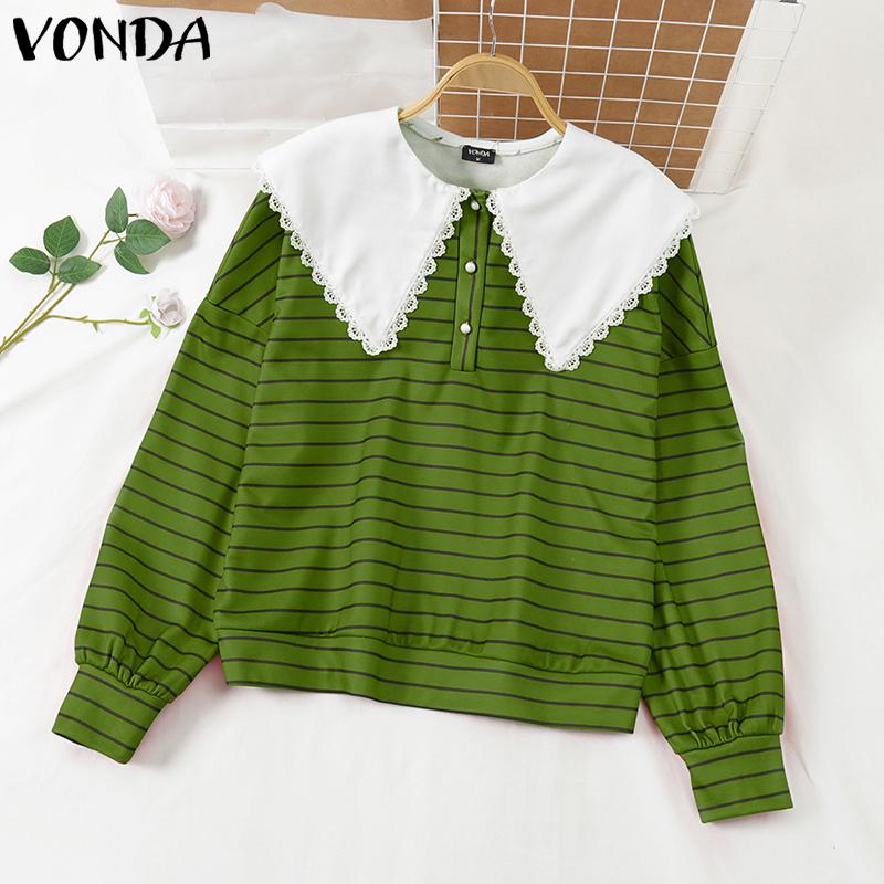 VONDA Women Doll Collar Long Sleeve Striped Casual Loose Pullovers Blouse