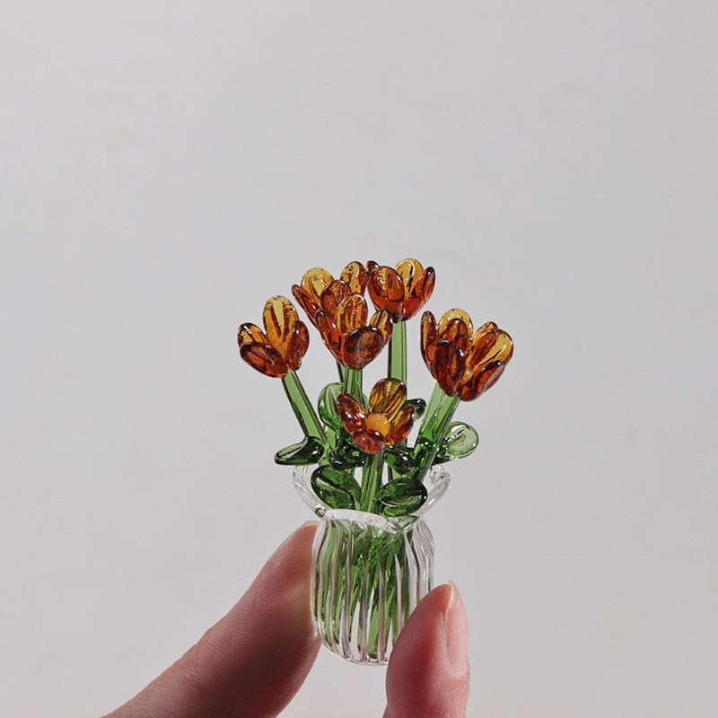 6/7Pcs Mini Lifelike Glass Flowers Simulation Flowers Handcrafted Floral Sculpture Floral Bouquet With Vase Home Decoration Gift