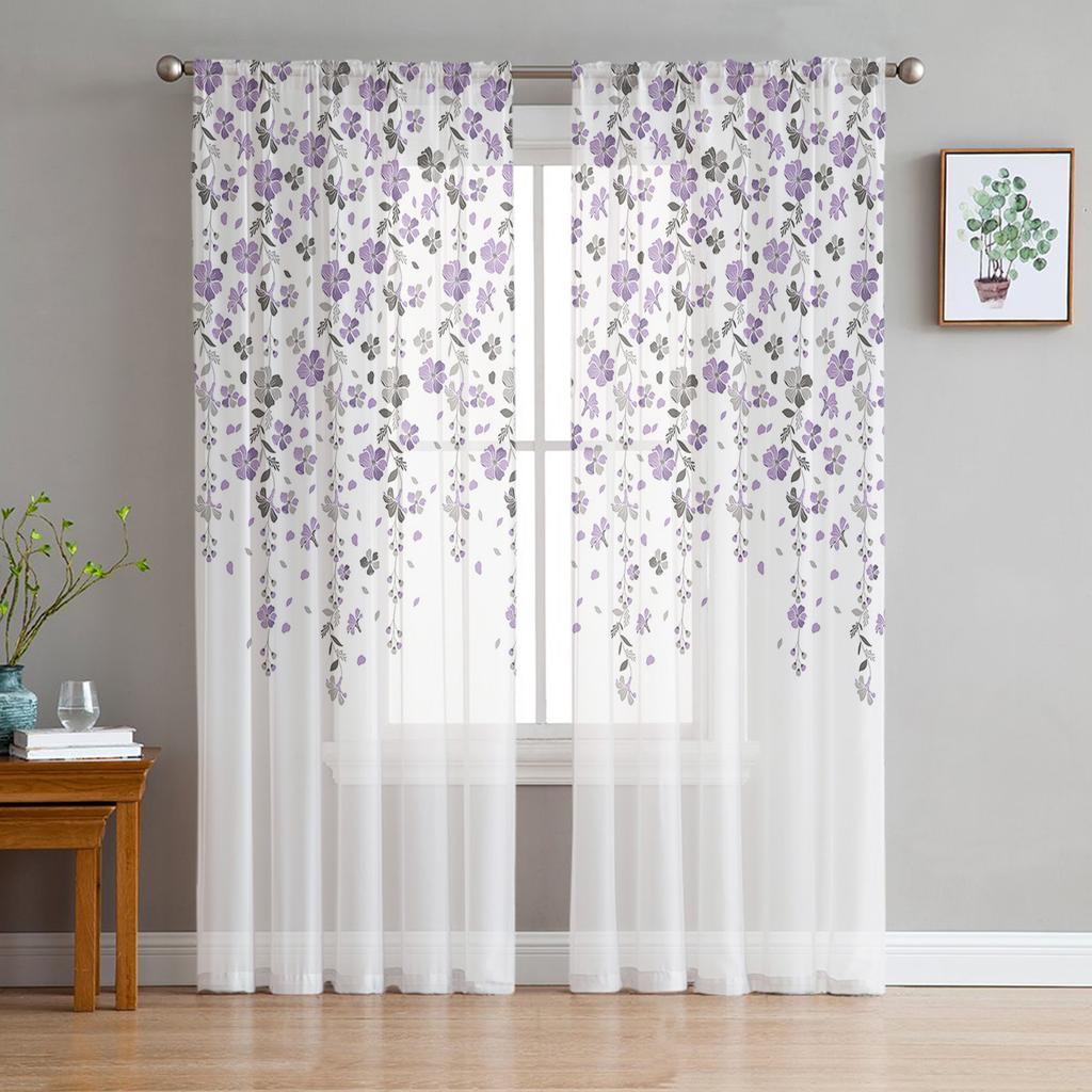 Teal Green Gradient Flower Sheer Curtains for Living Room Decoration Window Curtains for Kitchen Tulle Voile Organza Curtains