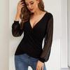 Damen Herbst und Winter Neues einfarbiges Spleißen von Spitze Laternenärmeln Loses Crossover-T-Shirt-Oberteil