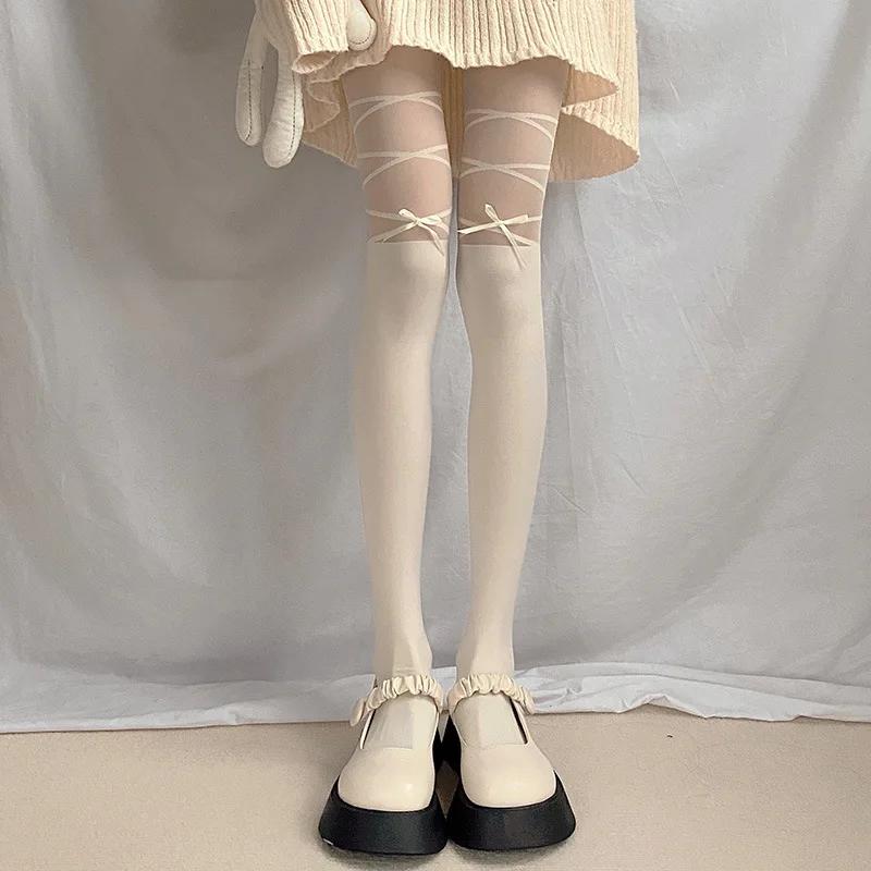 Kawaii Sexy lingeries for Onlyfans medias pantyhose Stockings Women Lingerie Bowknot Straps Lolita Cute Girls Long Tights Socks
