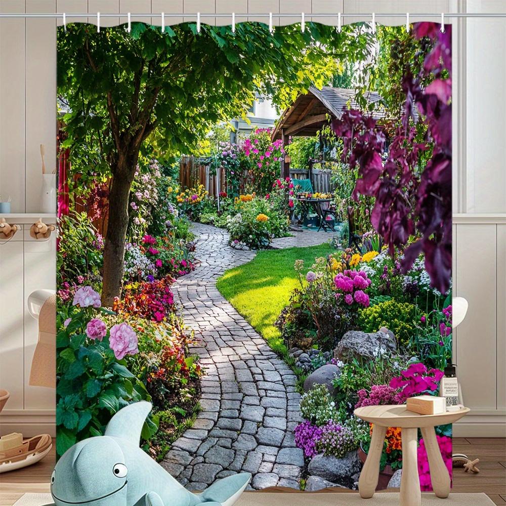 Garden Path Shower Curtain Flower Garden Landscape 3D Printed Waterproof Bathroom Decor Nature Scene Home Textile Art Design