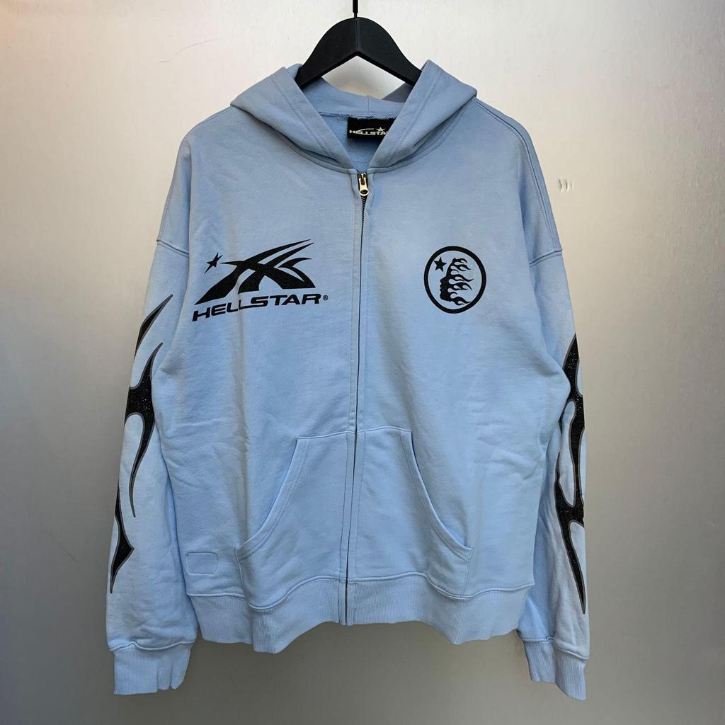 Hellstar Ausgefranster Retro Lockerer Reißverschluss Reiner Baumwoll Hoodie - Amerikanischer Hip Hop Stil