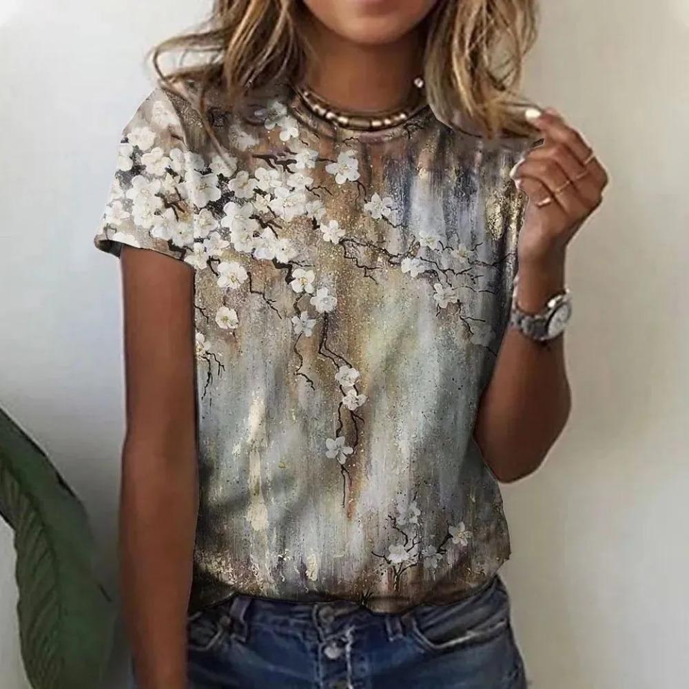 Summer Round Neck Flower Pattern 3D Print Top Fashionable Casual Short Sleeved Women's T-shirts
