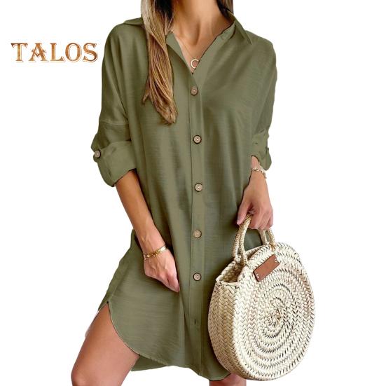 Fall Spring Women Dress Shirt Type Single-breasted Split Hem Loose Solid Color Buttons with Cufflink Above Knee Length Mini Dress