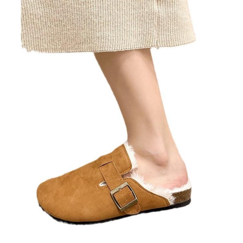 thick-soled plush shoes women's bag head half slippers wear new autumn and winter fashion retro thermal cotton slippers