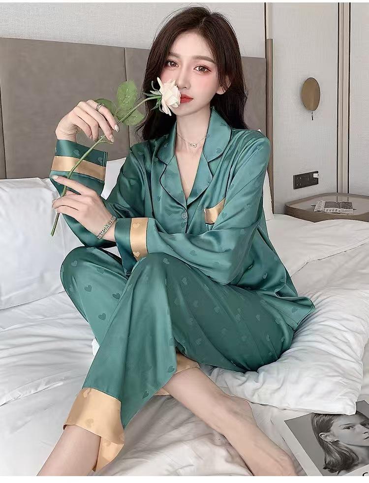 Ice Silk Women's Pajama Set - Thin Long Sleeve Top & Pants for Spring/Autumn.