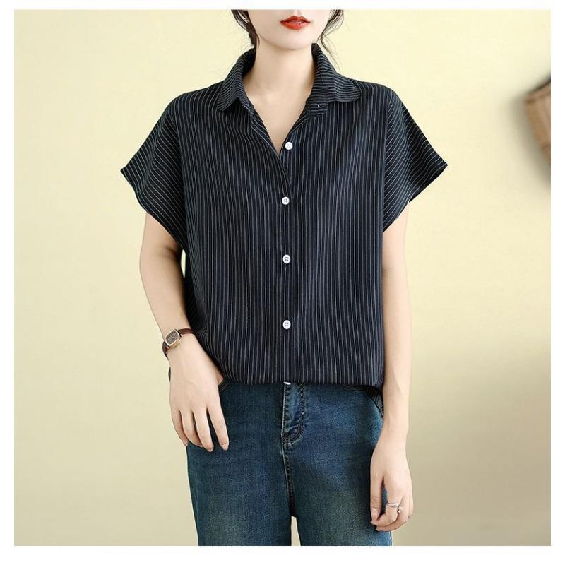 Cotton and Linen Short-sleeved Shirt Summer Striped New Loose Slim Fit Artistic Mid-length Top