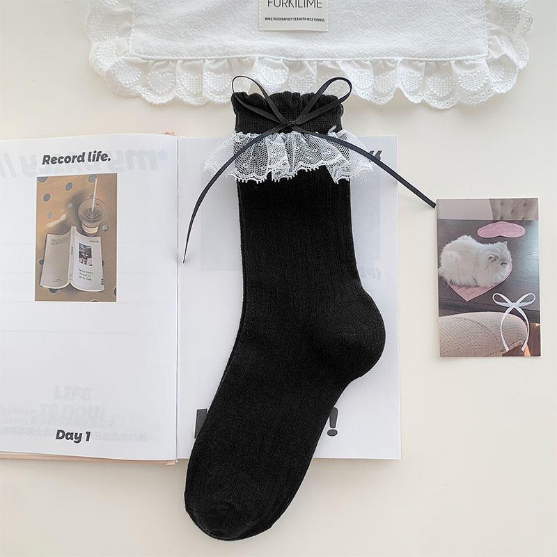 

Sweet Bow Lace Socks For Women Summer Thin Breathable Sweat-Absorbing Mid-Calf Socks Ballet Style Socks one size чёрный