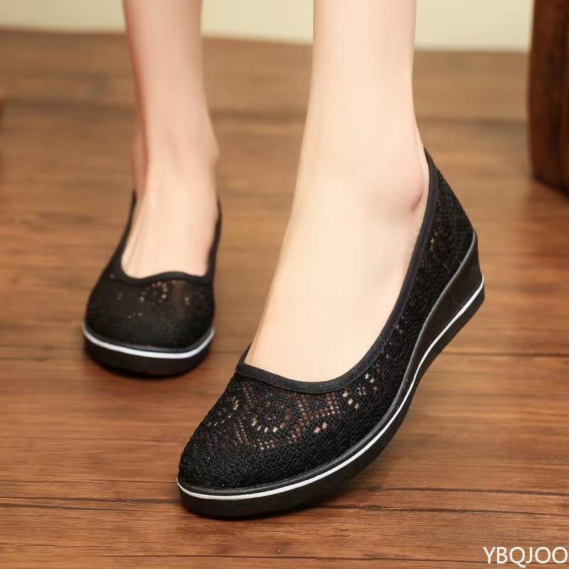 2025 new Summer Mid Wedge Heel comfortable shoes Lace Hollow Breathable Solid color Fashionable Women's Flat Shoes