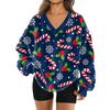 Women's Fashionable V-neck Christmas Printed Long Sleeved Casual Pullover Plush Warm Pocket Sweatshirt Top
