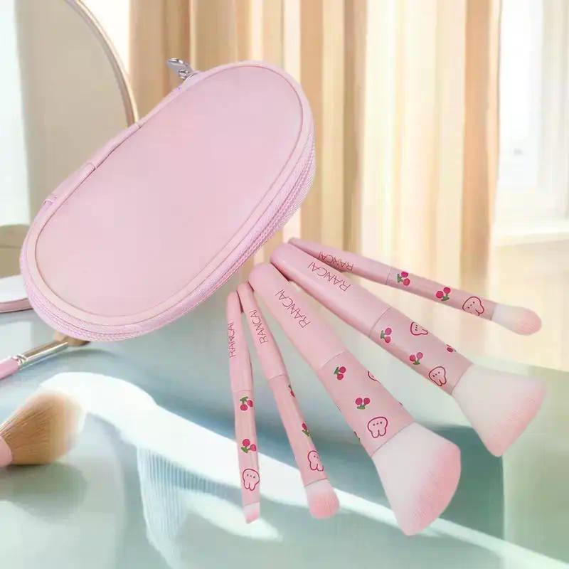5pcs Cute Compact Makeup Brush Set With Case Premium Brush For Flawless Foundation, Blush, Eyeshadow Application Beauty Tools