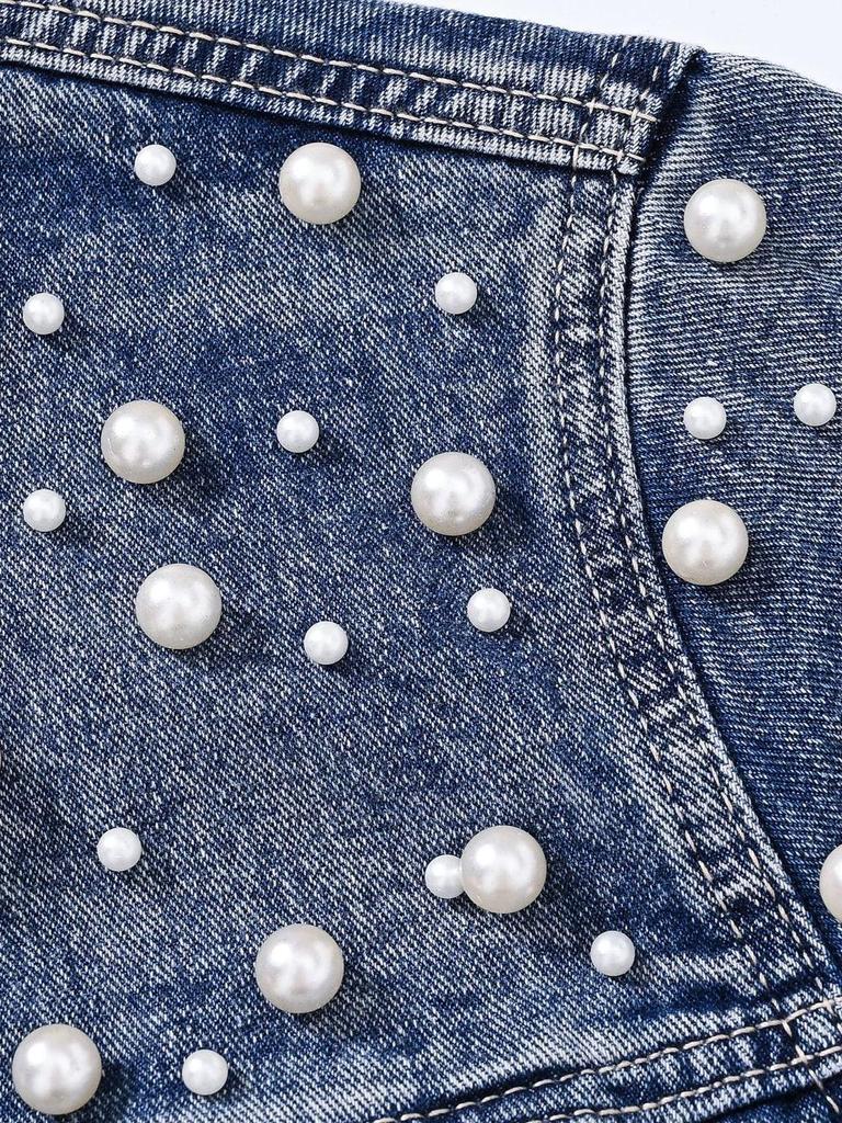 Women's Light Blue Rhinestone Beaded Denim Jacket - Petite, Short, Spring/Autumn 2025
