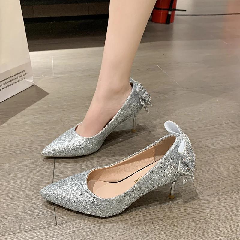 New Shoes for Woman Silver Color Women's Summer Footwear Wedding Bride Shoe Rhinestone Pointed Toe Super High Heel Zapatos Mujer