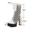 Black White Plaid Ankle Boots Women's with Fur Winter Platform Shoes Mixed Colours Chunky Heels Footwear