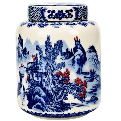 Blau-weiße Teekanne mit Bergmalerei, Keramik, allgemein versiegeltes Glas, Teebox, Aufbewahrung, feuchtigkeitsbeständiges Vorratsglas, dekoratives Glas