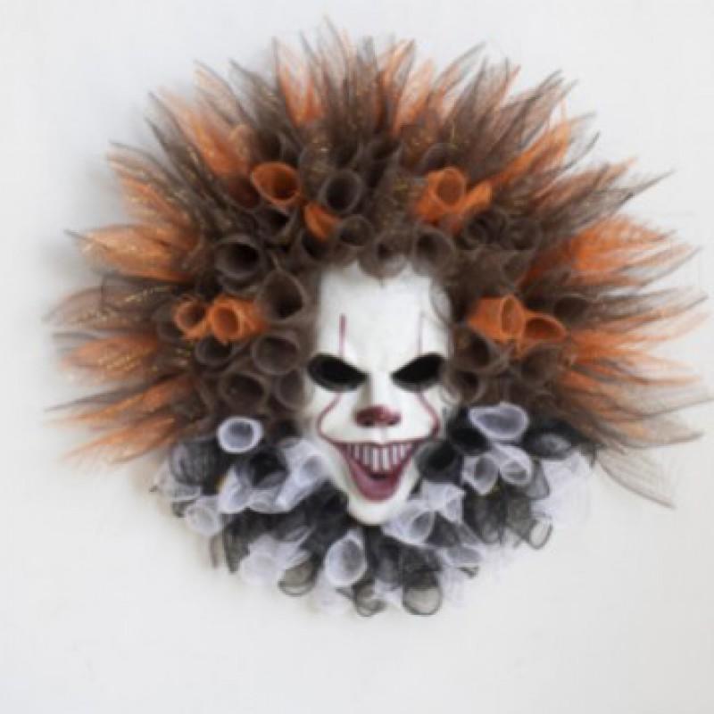 Halloween Clown Wreath Decor With Ribbon - Scary Fun Party Hanging Ornament Haunted House Porch Door Indoor Outdoor