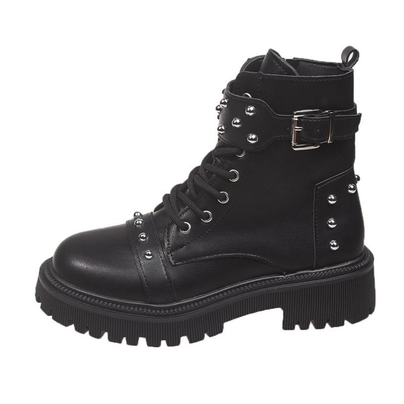 Thick-soled rivet Martin boots women's autumn and winter new large-size round head lace-up belt buckle short boots