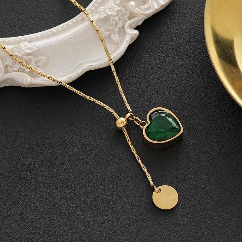1pc Adjustable Stainless Steel Heart Pendant Necklace with Green Cubic & Golden-Tone Tassel Charm - April Birthstone Jewelry, KC Golden Plated Collarb