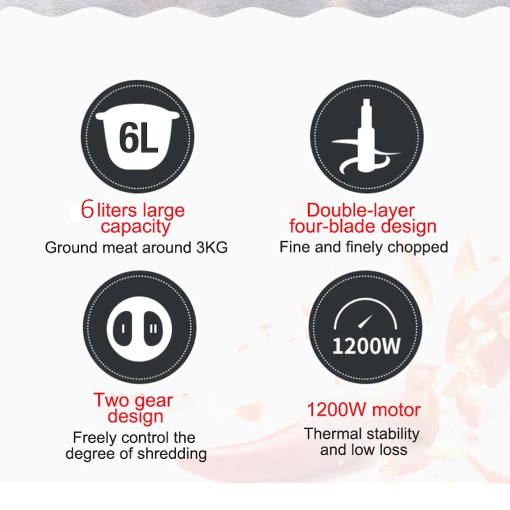 1800W 6L Chopper 2Speed 4Blades Auto Food Mixer blender Kitchen Cooking Stainless Steel Electric Mincer Meat Grinders