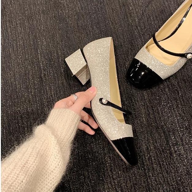 Sheepskin Version~ Grape Mother, the Same Style, Sparkling Sequins, Small Fragrant Style Square Head, One Word with Thick Heel, Mary Jane Shoes, Wome