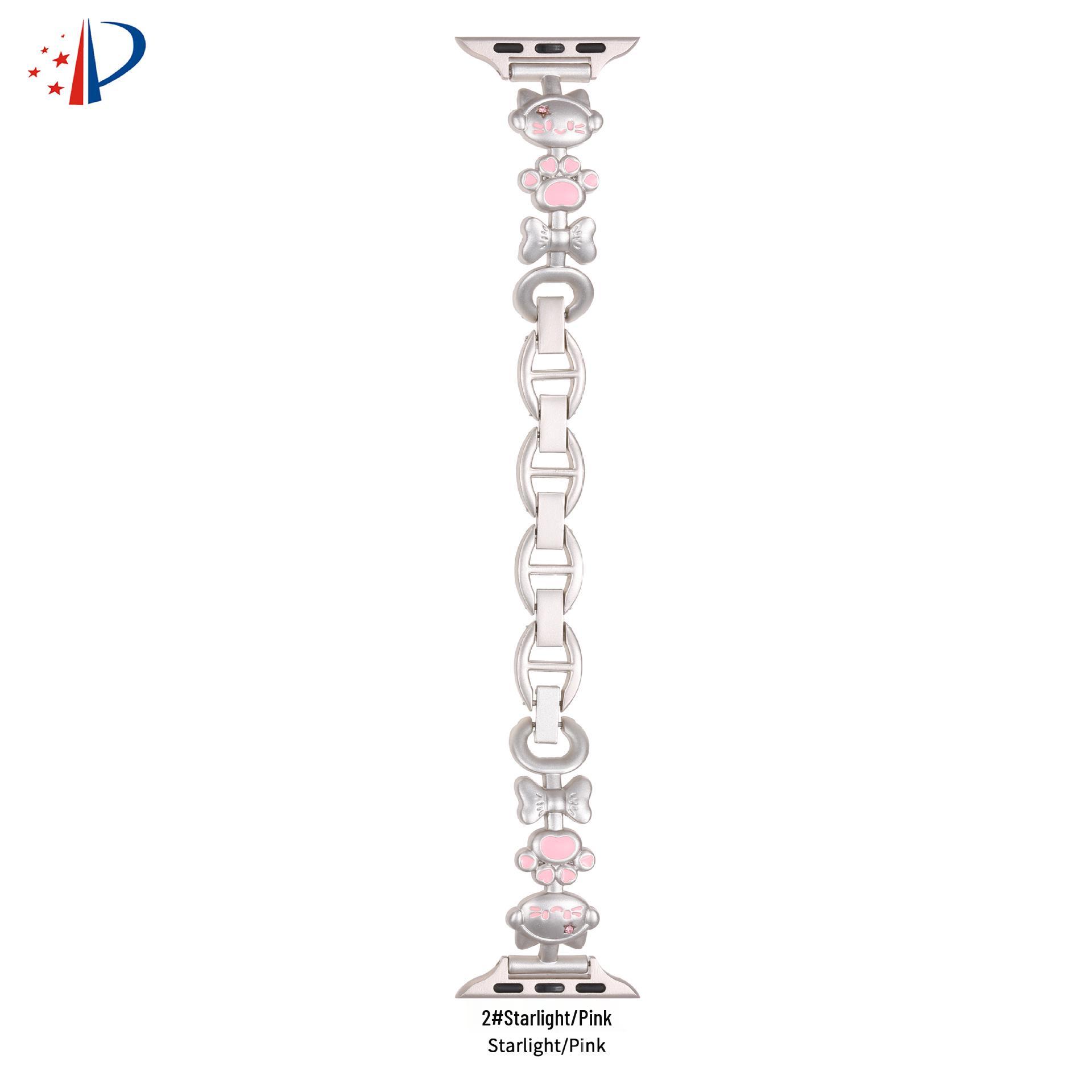 

Сумісний ремінець для Apple Watch з дизайном кота, металевий браслет iWatch SE Series 10 для жінок No Adapter 14mm колір зоряного світла/рожевий