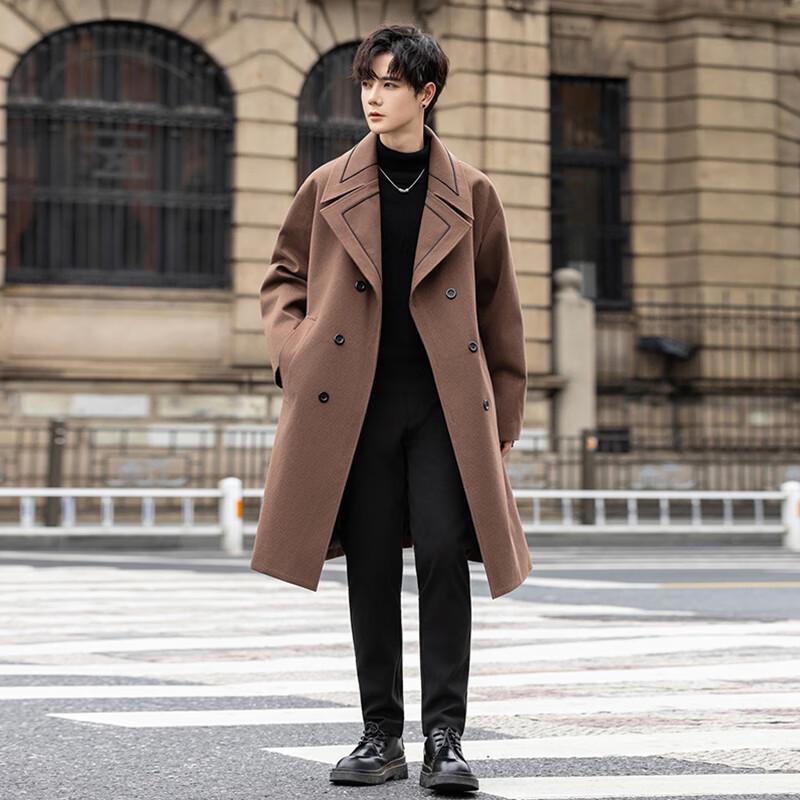 ROMON Men's Mid-Length Wool Blend Business Trench Coat