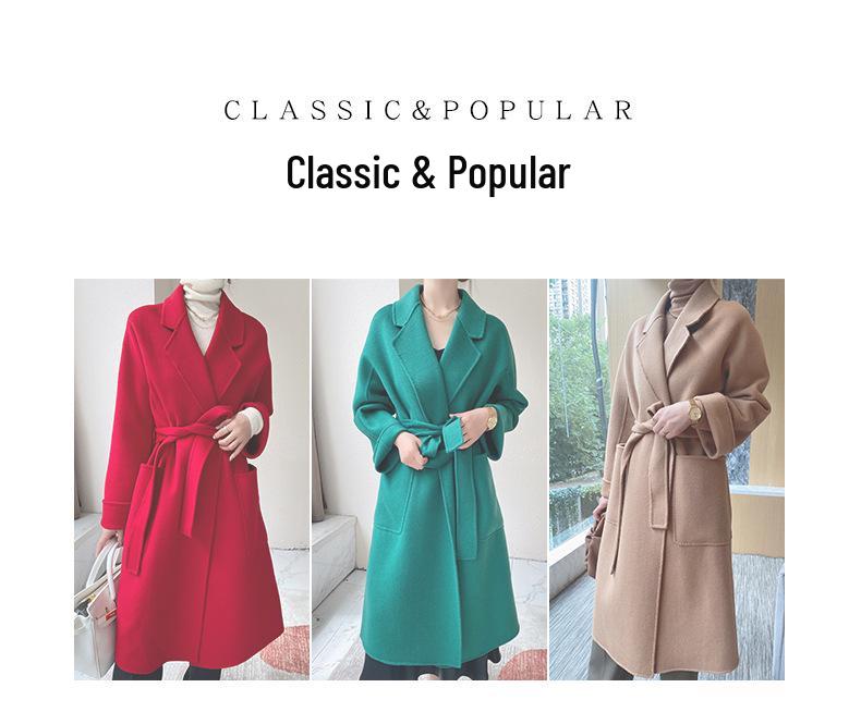 Double-Sided Cashmere Wool Coat: Women's Korean-Style Loose Hepburn Jacket with Suit Collar in Green.