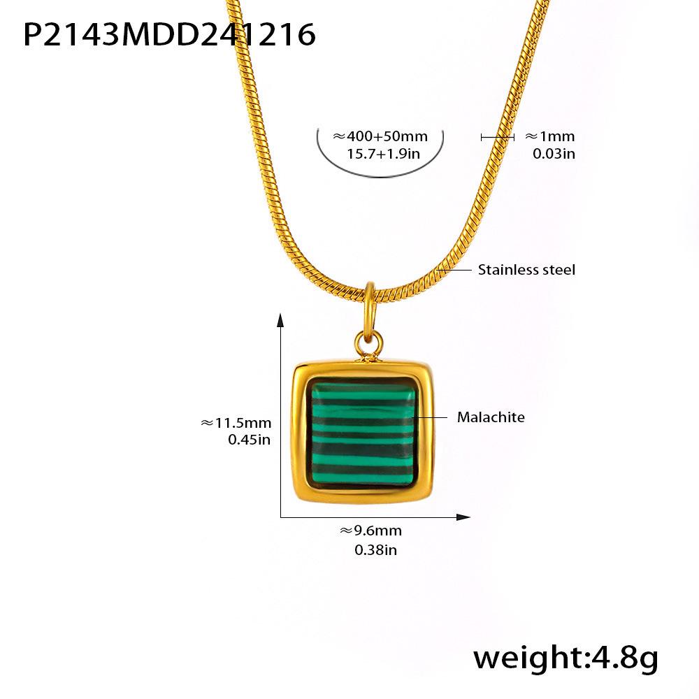 18k Gold Malachite Square Pendant Necklace for Women - Stainless Steel Luxury Chain