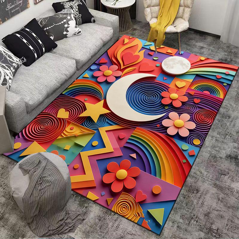 Colorful Moon and Rainbow Carpet with Hearts and Stars Pattern Suitable for Use As an Anti-slip for Living Room Bedroom Sofas