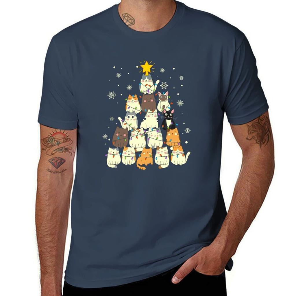 Xmas Funny Crazy Cat Lover Meowy Catmas Cat Christmas Tree Tshirt Christmas Casual Short Sleeve Top