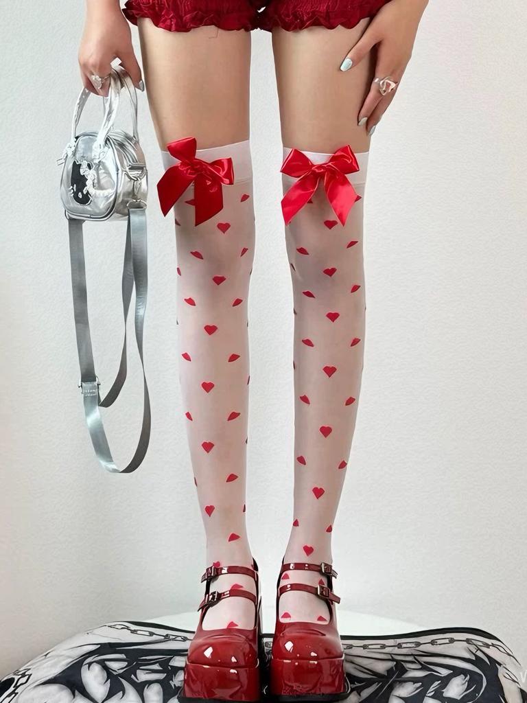 1 Pc Valentine'S Day Women'S Sweet Heart Print Thigh-High Socks, Red Bow Accent Cute Cozy Stockings, Perfect For Romantic Dates