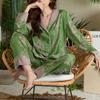 Women Pajamas Set Large Collar Green Cardigan Home Wear Two-Piece Long-Sleeved Outside Ladies Ice Silk Sleepwear Spring Autumn
