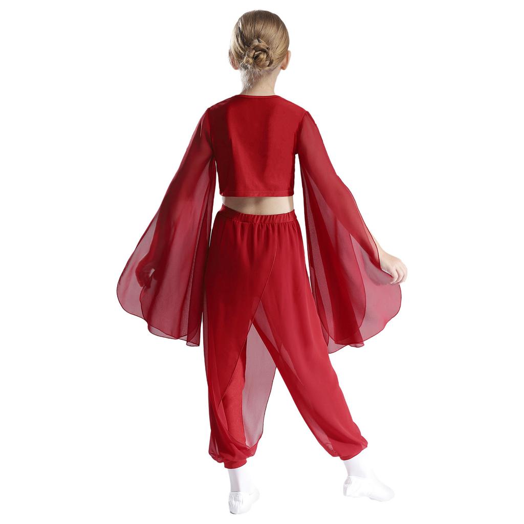Girls Classical Dance Set V Neck Crop Top Flared Sleeves Design with Practice Pants Performance Outfit