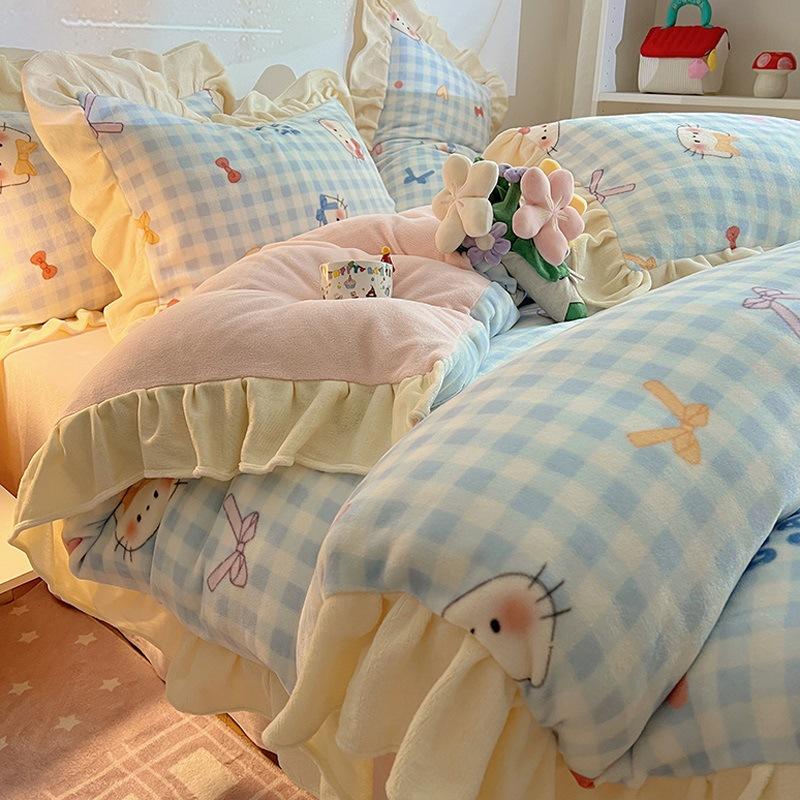 Thickened Milk Fleece Four-Piece Set, Fleece Quilt Cover, Bedding, Coral Flannel Bed Sheet Three-Piece Set