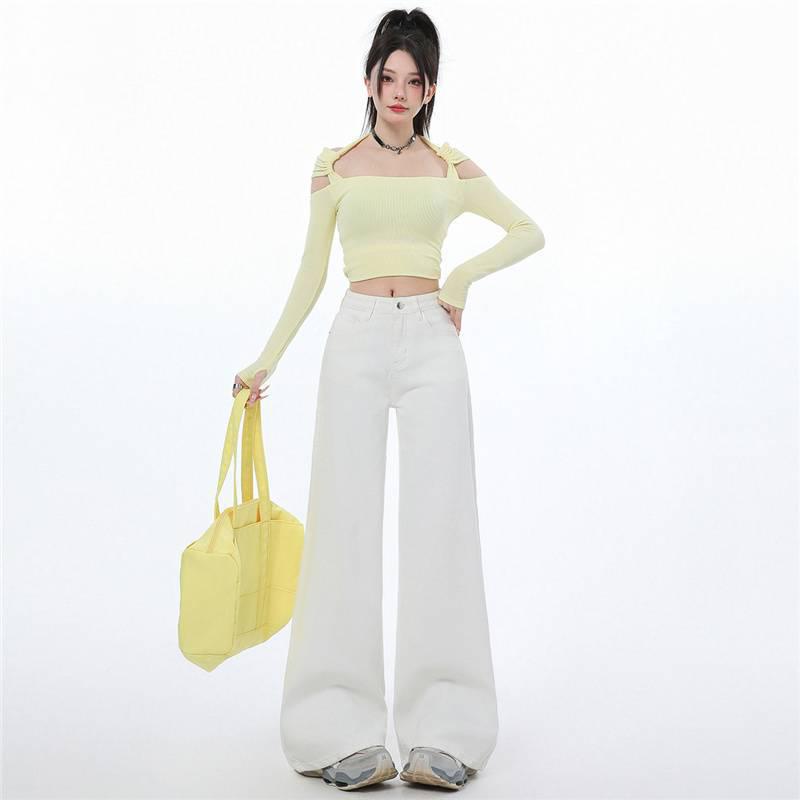 Women s High-Waisted Micro-Flare White Jeans - Slimming Loose Fit, Stretch, Extra Long Flare, Spring Collection Large