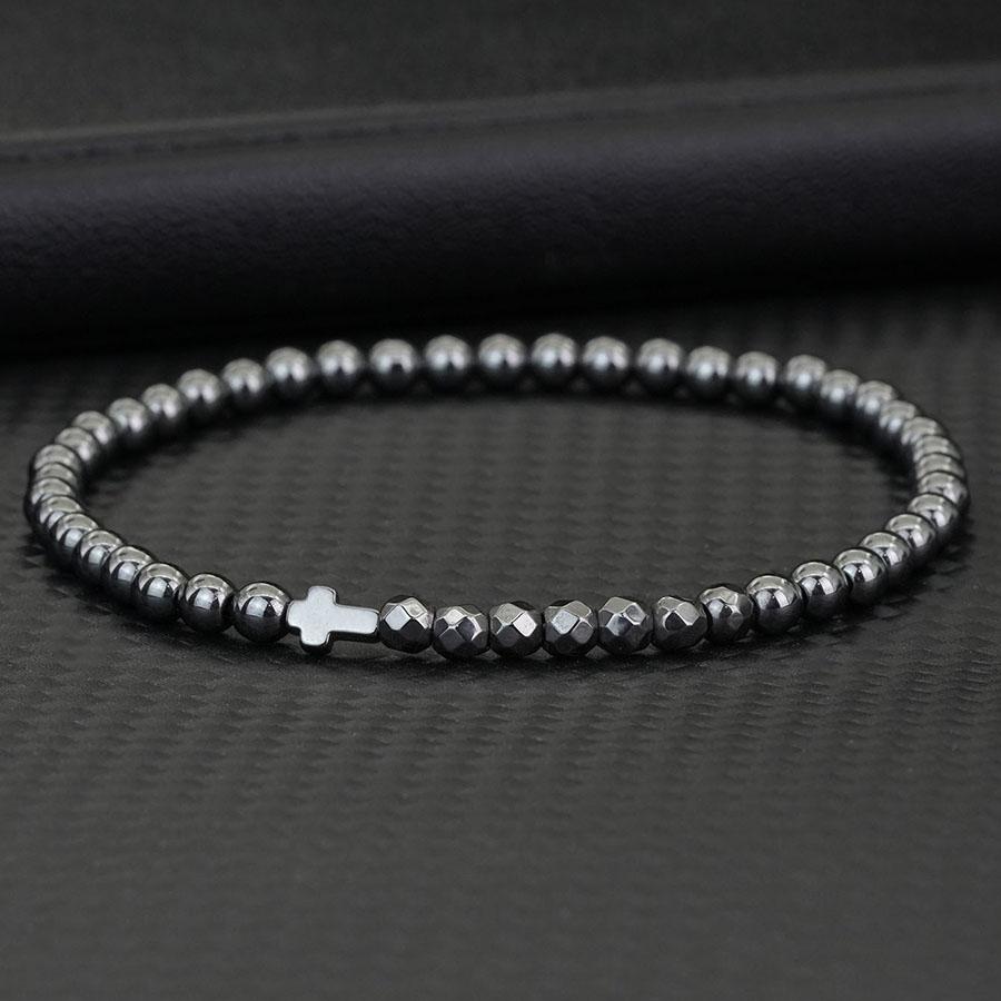 Fashion 4mm Beads Men Cross Bracelet Multi Sided Black Gallstones Healing Braclet Rosary Lava Howlite Hematite Braslet Hombre